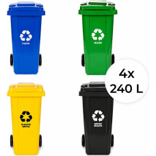 Multistore Set of 4 waste bins containers 4x240L blue green yellow black paper glass plastic mixed waste rubber wheels