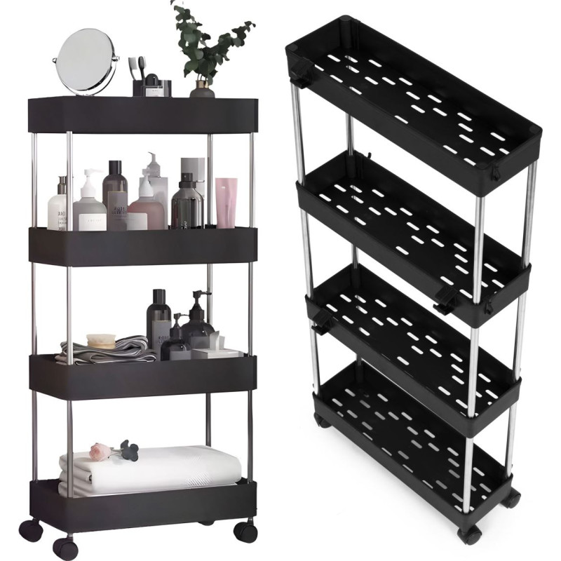 Modernhome Plastic Bathroom Shelf Unit with 4 Shelves and Wheels, Black, by ModernHome