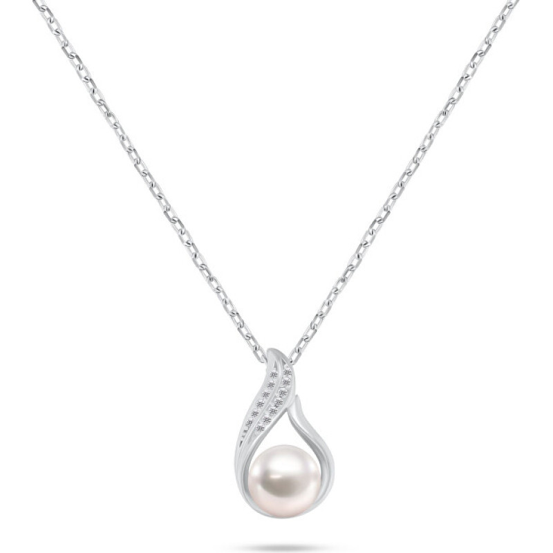 Silver necklace with zircons and real pearl NCL219W