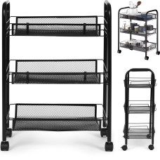 Modernhome Metal Mobile Bathroom Shelf with 3 Tiers and Wheels Black ModernHome