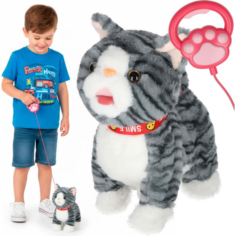 Interaktīvs kaķis uz pavadas minkas staigā aste vicina pelēku asti