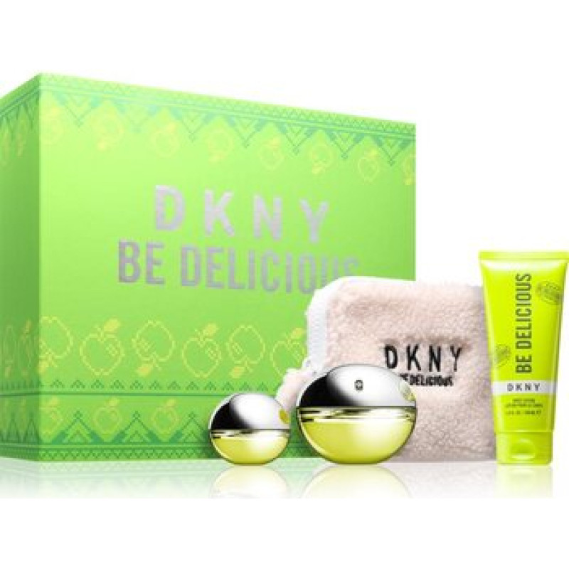 Dkny Be Delicious D&aacute;rkov&aacute; sada EDP 100 ml, tělov&eacute; ml&eacute;ko 100 ml, miniaturka EDP 15 ml a pouch