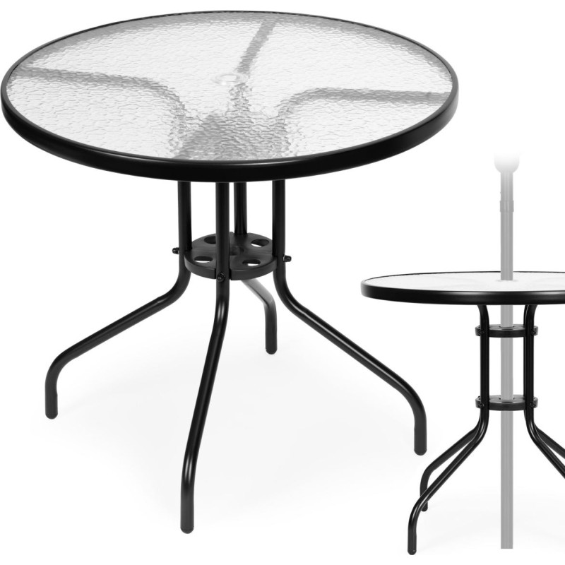 Multigarden Round garden table 80 cm, for terrace, garden, balcony, tempered glass, umbrella hole, MultiGarden