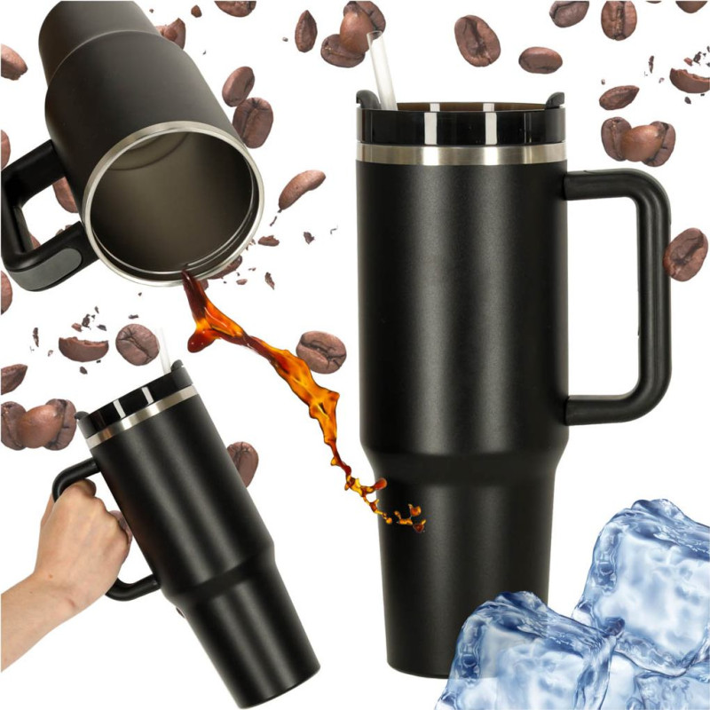 Termiskā krūze ar salmiņu un rokturi termoss 1200ml melns