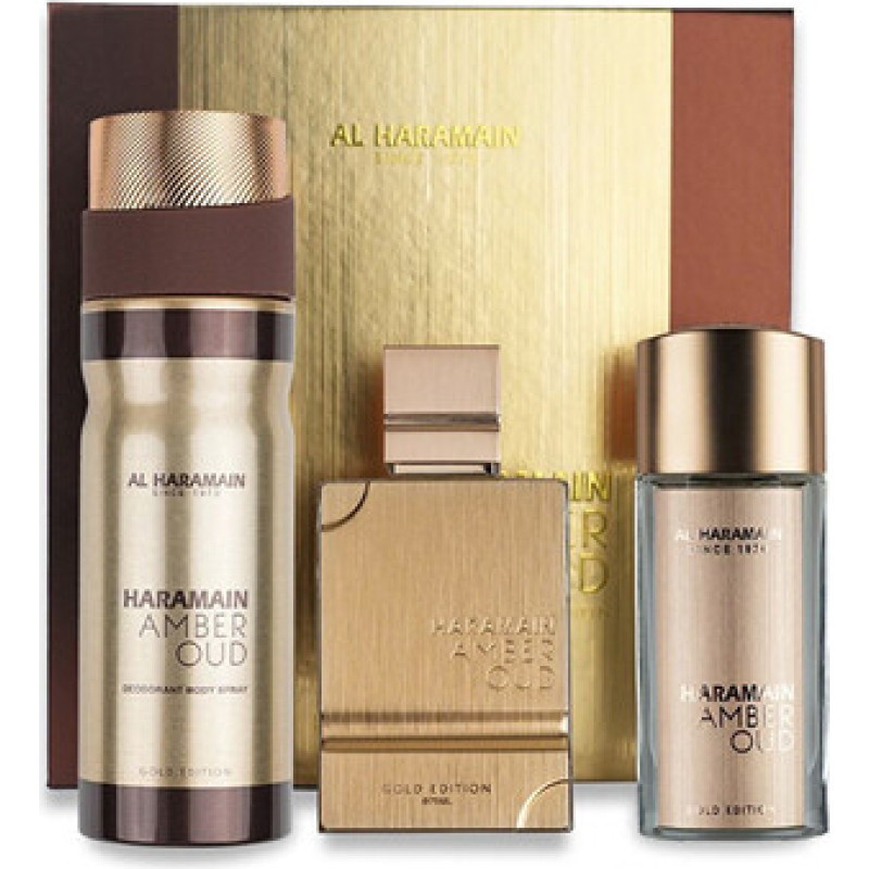 Al Haramain Amber Oud Gold Edition Extreme D&aacute;rkov&aacute; sada Extrait de Parfum 75 ml, extrait de parfum 30 ml a tělov&yacute; z&aacute;voj 250 ml