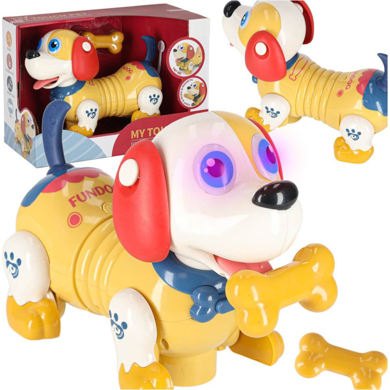 Interaktīvs suns ar kaulu robots reaģē uz pieskārienu