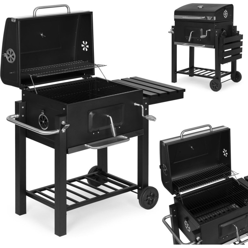 Mebelki24 Large charcoal garden grill with lid, thermometer, shelves, wheels, free blower
