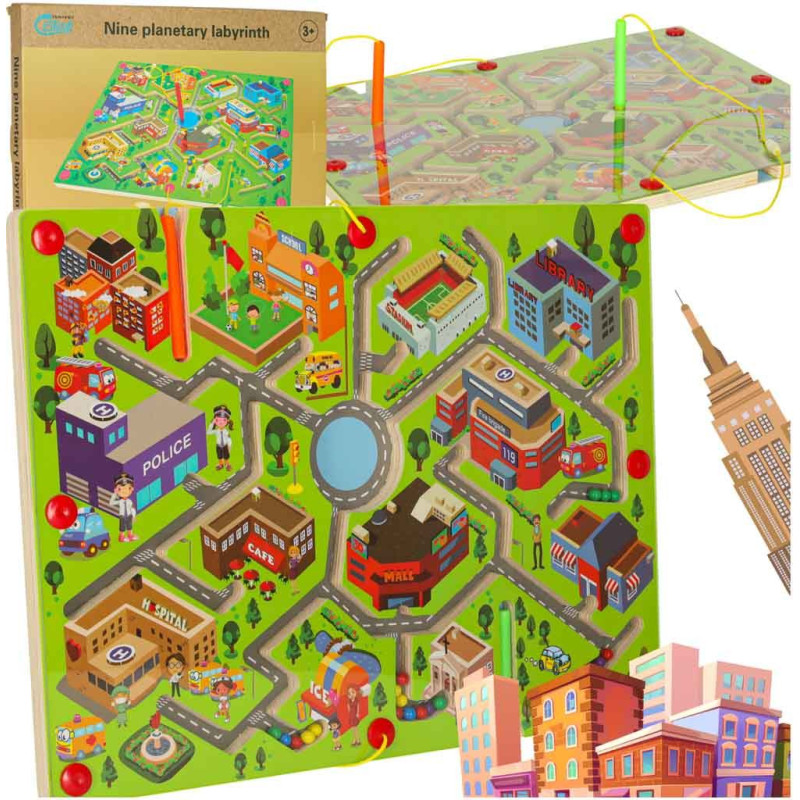 Magnētiskā koka galda labirinta spēle ceļošanai lielā pilsētā 2 spēlētājiem