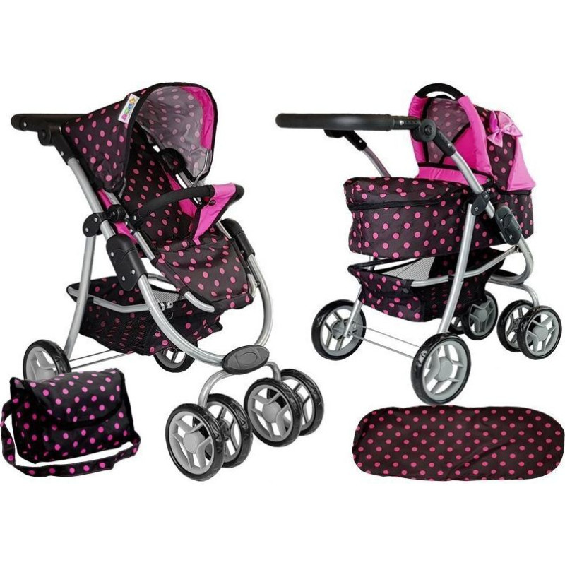 Bērnu leļļu rati 2in1, melni ar rozā