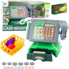 Rotaļlieta kases aparāts ar piederumiem un iepirkumu grozu, zaļš