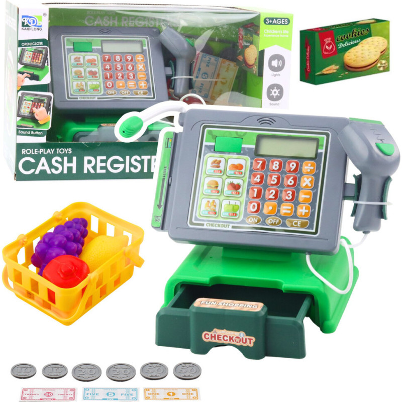 Rotaļlieta kases aparāts ar piederumiem un iepirkumu grozu, zaļš