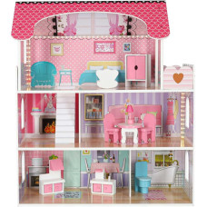 MDF koka leļļu māja + mēbeles 70cm rozā LED