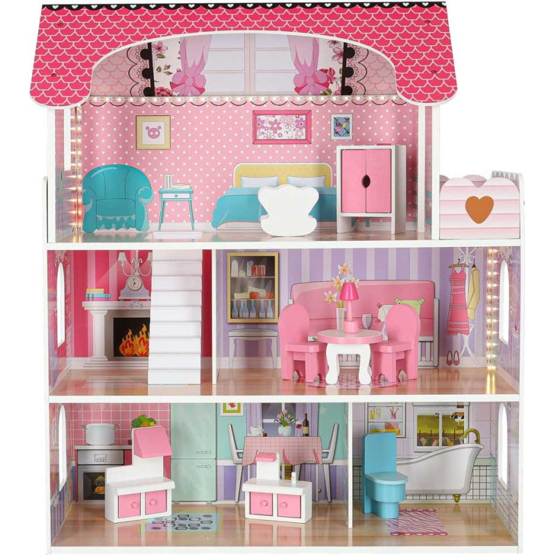 MDF koka leļļu māja + mēbeles 70cm rozā LED