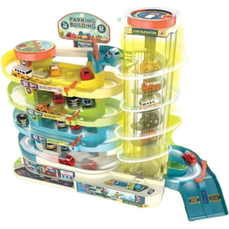 5 stāvu rotaļu autostāvvieta ar 4 automašīnām