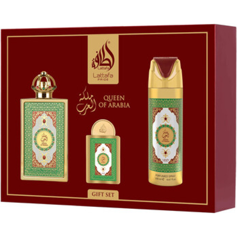 Lattafa Perfumes Queen Of Arabia D&aacute;rkov&aacute; sada EDP 100 ml, deospray 200 ml a EDP 20 ml