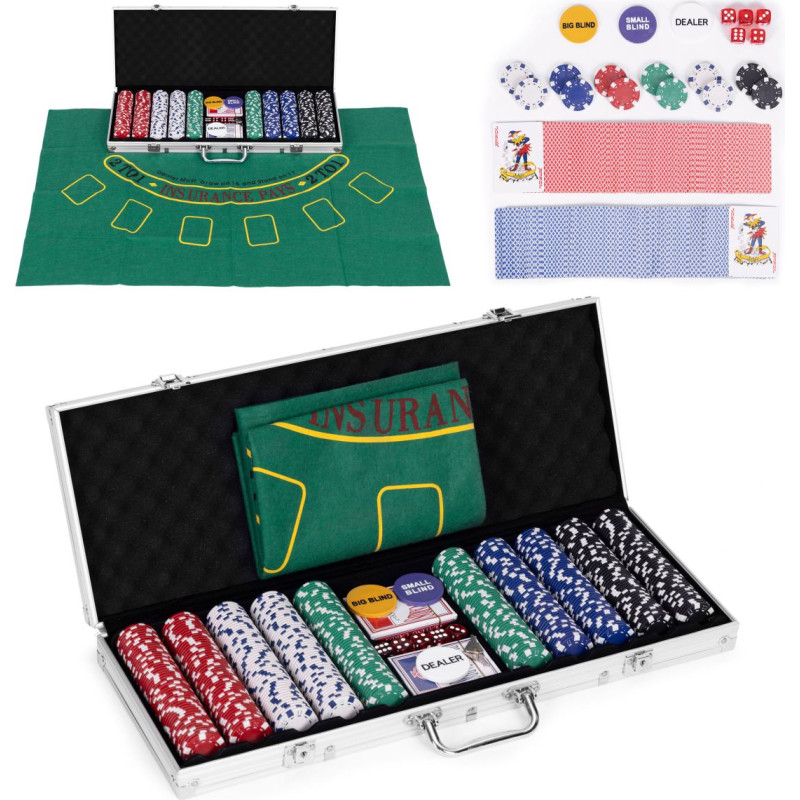 Multistore Poker and Blackjack Set &ndash; 500 Chips, 2 Decks of Cards, Dice, Playing Mat, Lockable Case