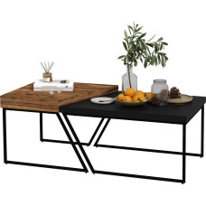 Dīvāna galdiņu komplekts, 2 palīggaldziņi, industriālais dizains, tērauda rāmis, koks/melns