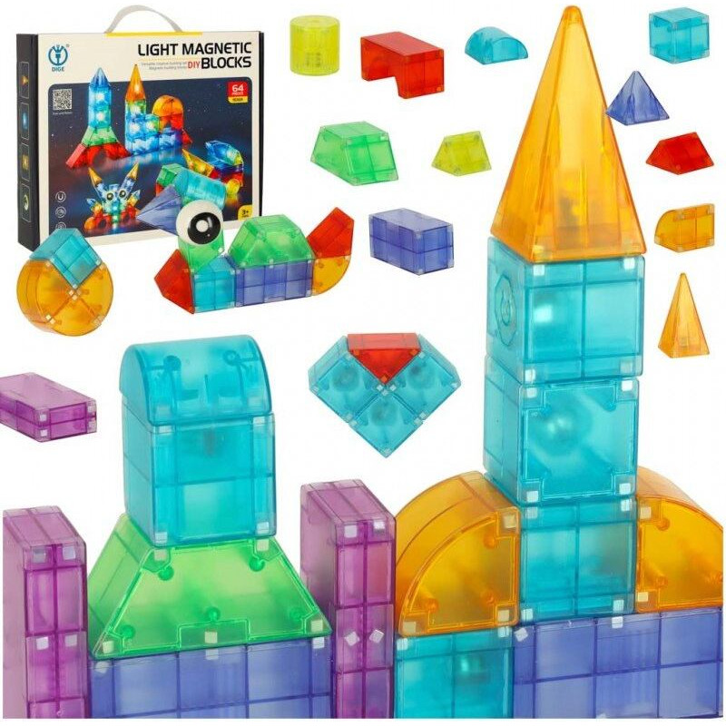 3D magnētiskie celtniecības ķieģeļi ar LED apgaismojumu 64 gab.