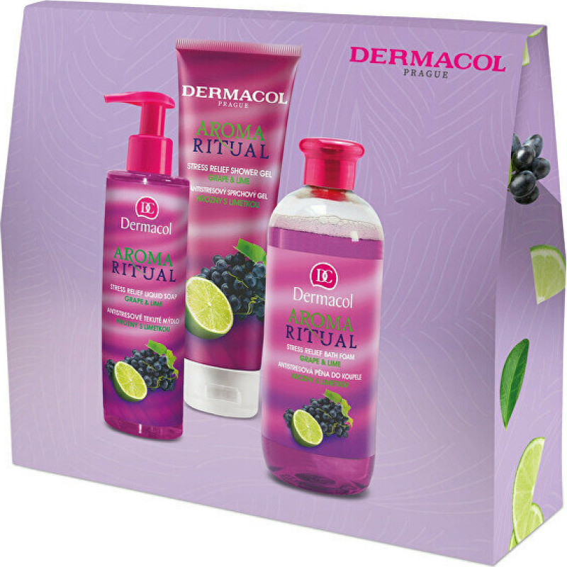 Dāvanu komplekts Dermacol Aroma Ritual Grapes with Lime: dušas želeja 250 ml + roku ziepes 250 ml + vannas putas 500 ml