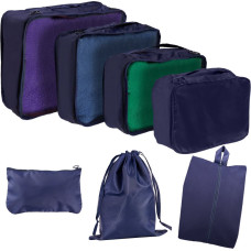 Koferis organizatori ceļojumu komplekts 7 gab apģērbu uzglabāšanas piederumi ūdensizturīgas somas kosmētikas maisiņš apavu soma tumši zila