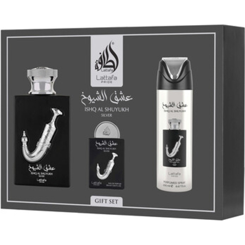 Lattafa Perfumes Ishq Al Shuyukh Silver D&aacute;rkov&aacute; sada EDP 100 ml, deospray 200 ml a EDP 20 ml