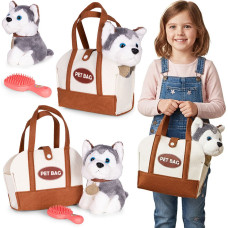 Multistore Plush Puppy in Bag Husky Toy for Children + Grooming Brush