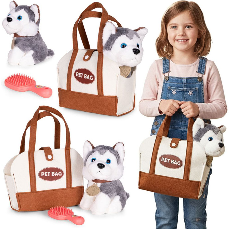 Multistore Plush Puppy in Bag Husky Toy for Children + Grooming Brush