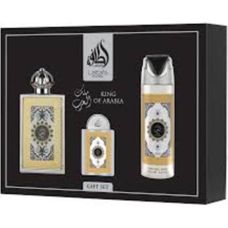 Lattafa Perfumes King Of Arabia D&aacute;rkov&aacute; sada EDP 100 ml, deospray 200 ml a EDP 20 ml
