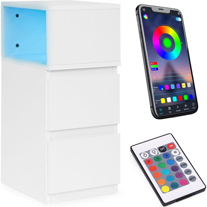 Modernhome LED bedside table bedroom, cabinet with 2 drawers, white, ModernHome