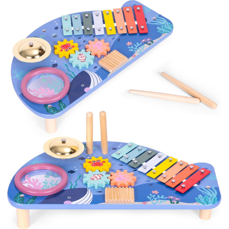 Ecotoys Musical Instrument Table with Xylophone, Cymbal, Tambourine, and Shaker, Sea Theme ECOTOYS
