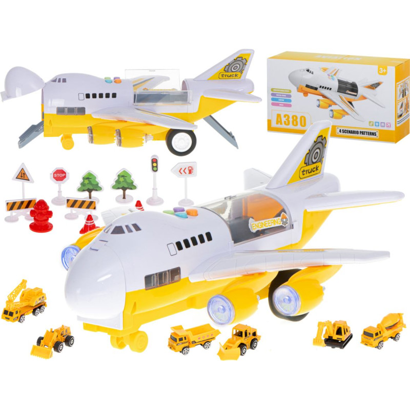 Transporter lidmašīna + 6 automašīnas celtniecības transportlīdzekļi sānu/priekšējā daļa