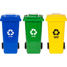 Multistore Set of 3 Trash Bins Containers 3x120L Blue Green Yellow Paper Glass Plastic with Rubber Wheels