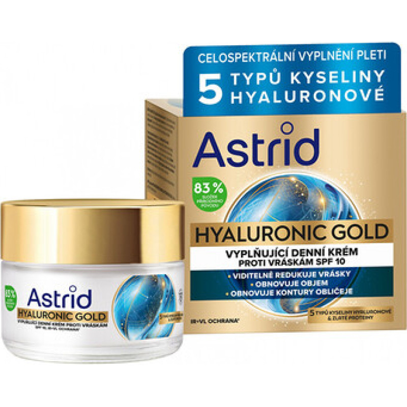 Astrid Hyaluronic Gold Cream SPF 10 - Vyplňuj&iacute;c&iacute; denn&iacute; kr&eacute;m proti vr&aacute;sk&aacute;m se zlat&yacute;mi proteiny
