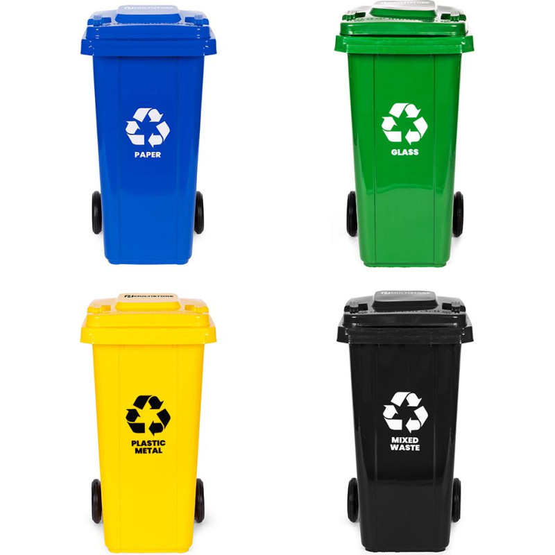 Multistore Set of 4 Trash Bins Containers 4x120L Blue Green Yellow Black Paper Glass Plastic Mixed Waste with Rubber Wheels