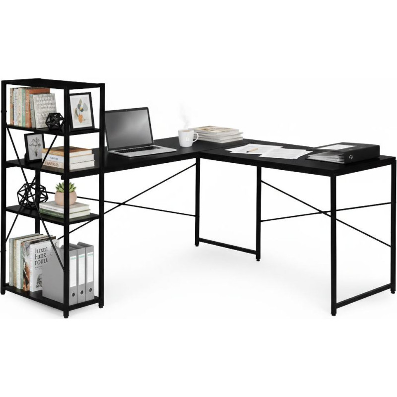 Modernhome Corner computer desk with shelving unit, 3 shelves, black loft-style ModernHome