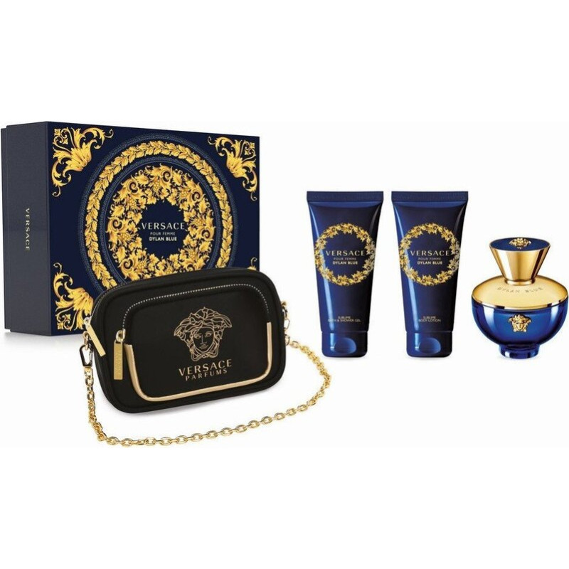 Komplekts Versace Dylan Blue Femme sievietēm: parfimērijas ūdens EDP, 100 ml + dušas želeja, 100 ml + ķermeņa losjons, 100 ml + kosmētikas somiņa