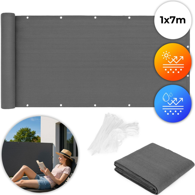 Multigarden Balcony Privacy Screen with Fittings 100x700 cm Shading Mesh + Mounting Accessories Grey MultiGarden