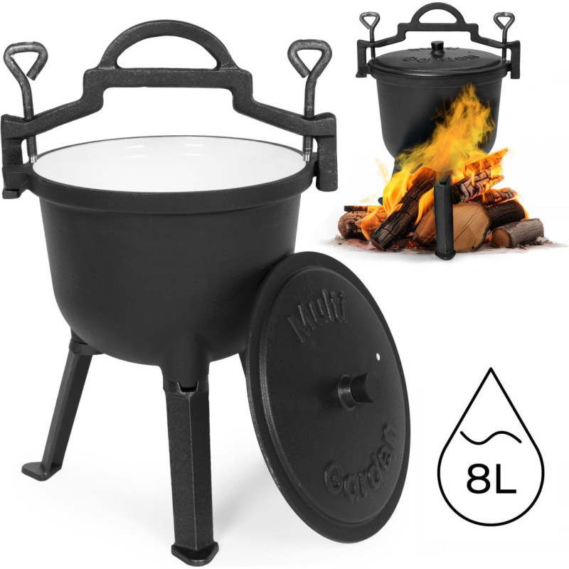 Multigarden Enameled Cast Iron Cauldron 8L with Stand &ndash; Hunting Pot for Campfire & Grill MultiGarden