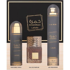 Lattafa Perfumes Khamrah D&aacute;rkov&aacute; sada EDP 100 ml, deospray 200 ml a bytov&aacute; vůně 300 ml