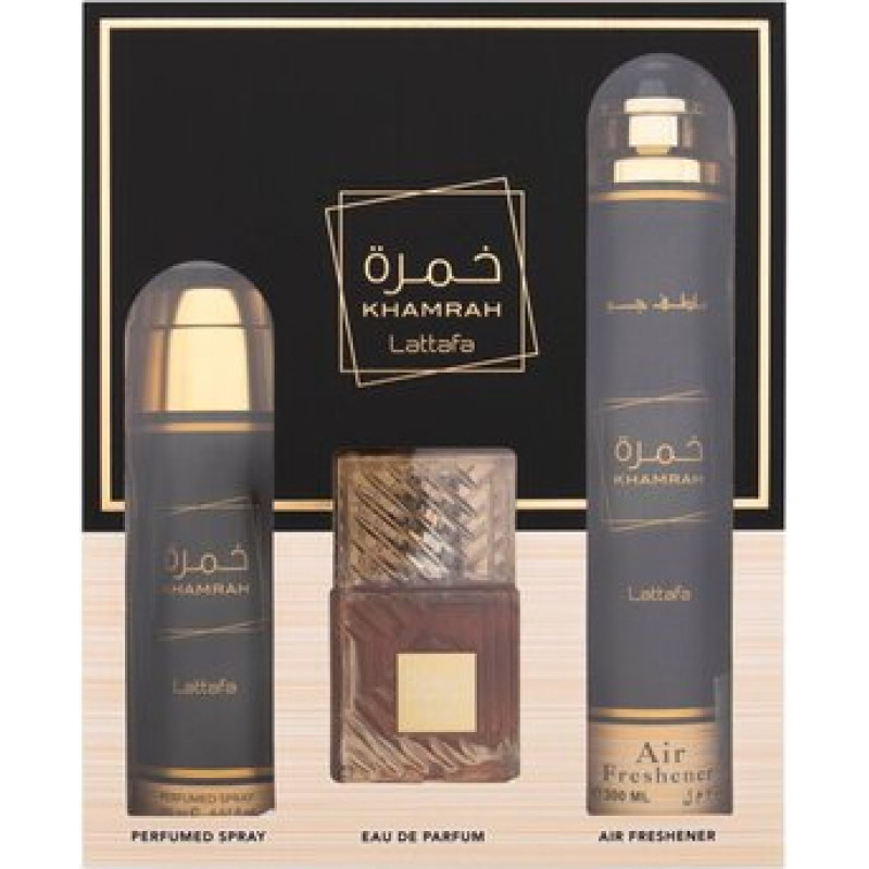 Lattafa Perfumes Khamrah D&aacute;rkov&aacute; sada EDP 100 ml, deospray 200 ml a bytov&aacute; vůně 300 ml