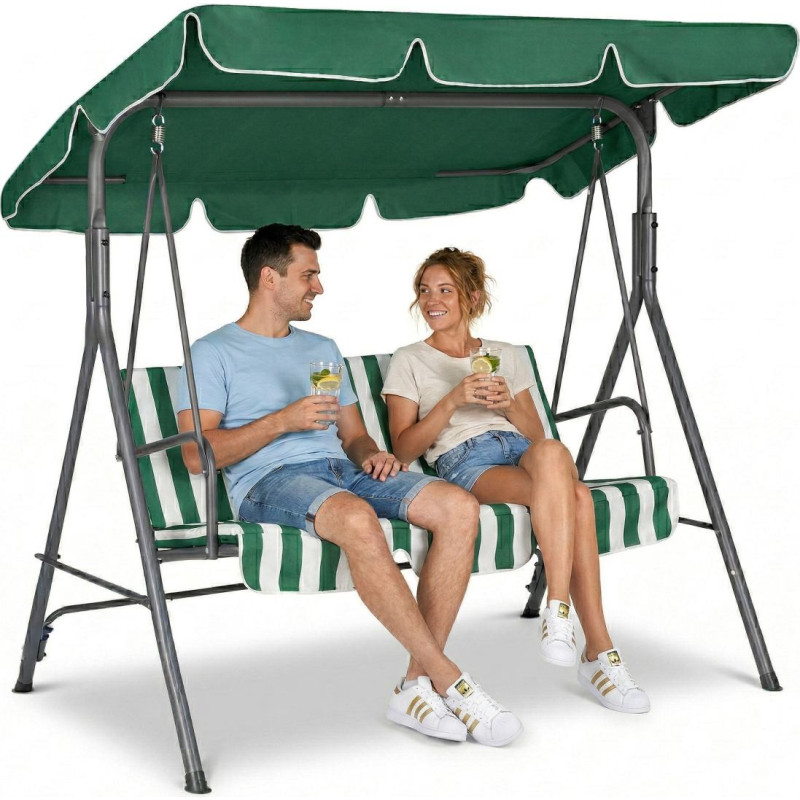 Multigarden Huśtawka ogrodowa 3-osobowa bujana wolnostojąca stalowa w paski zielono-białe MultiGarden