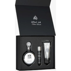 Lattafa Perfumes Pride Fakhar Black D&aacute;rkov&aacute; sada EDP 100 ml, miniaturka EDP 12 ml a sprchov&yacute; gel 100 ml