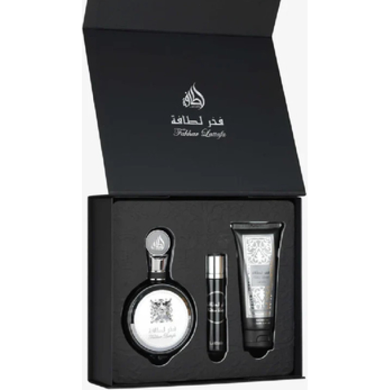 Lattafa Perfumes Pride Fakhar Black D&aacute;rkov&aacute; sada EDP 100 ml, miniaturka EDP 12 ml a sprchov&yacute; gel 100 ml