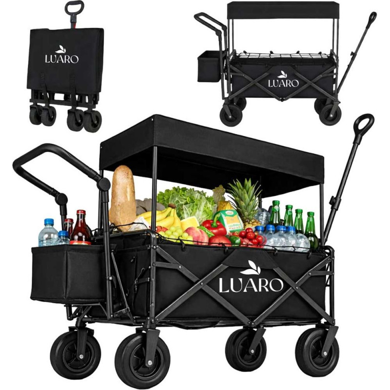 Wózek transportowy LUARO plażowy składany z daszkiem i siatką czarny