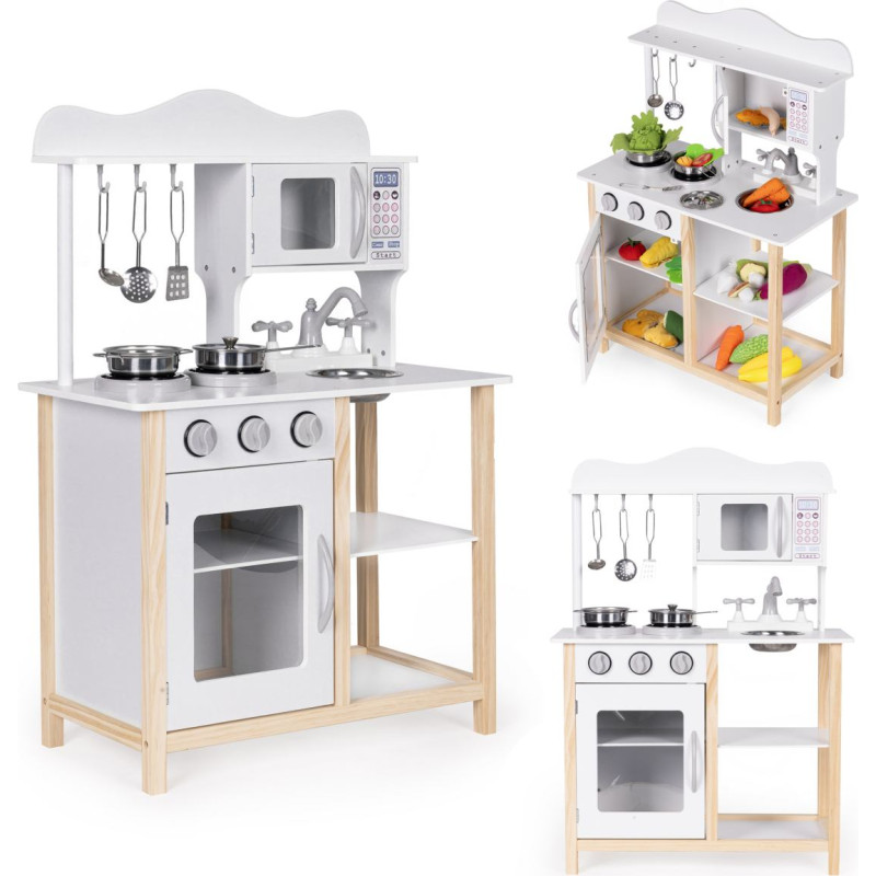 Ecotoys Drewniana kuchnia dla dzieci z piekarnikiem i akcesoriami do gotowania - biała ECOTOYS