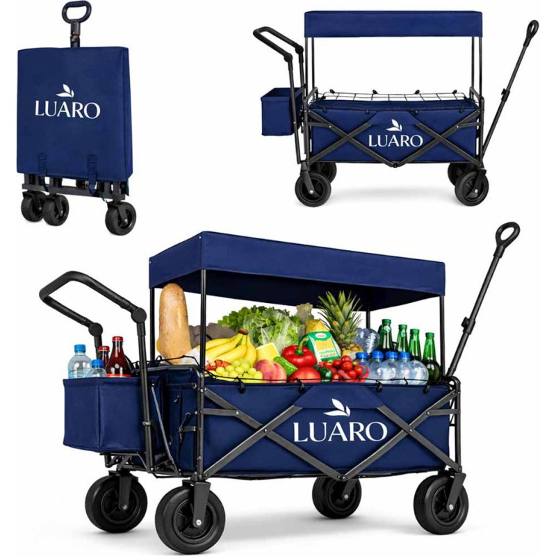 Wózek transportowy LUARO plażowy składany z daszkiem i siatką granatowy