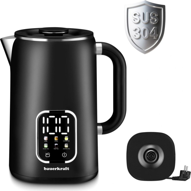 Bauerkraft Cordless electric kettle 1.7L smart with temperature control, rotating base, black