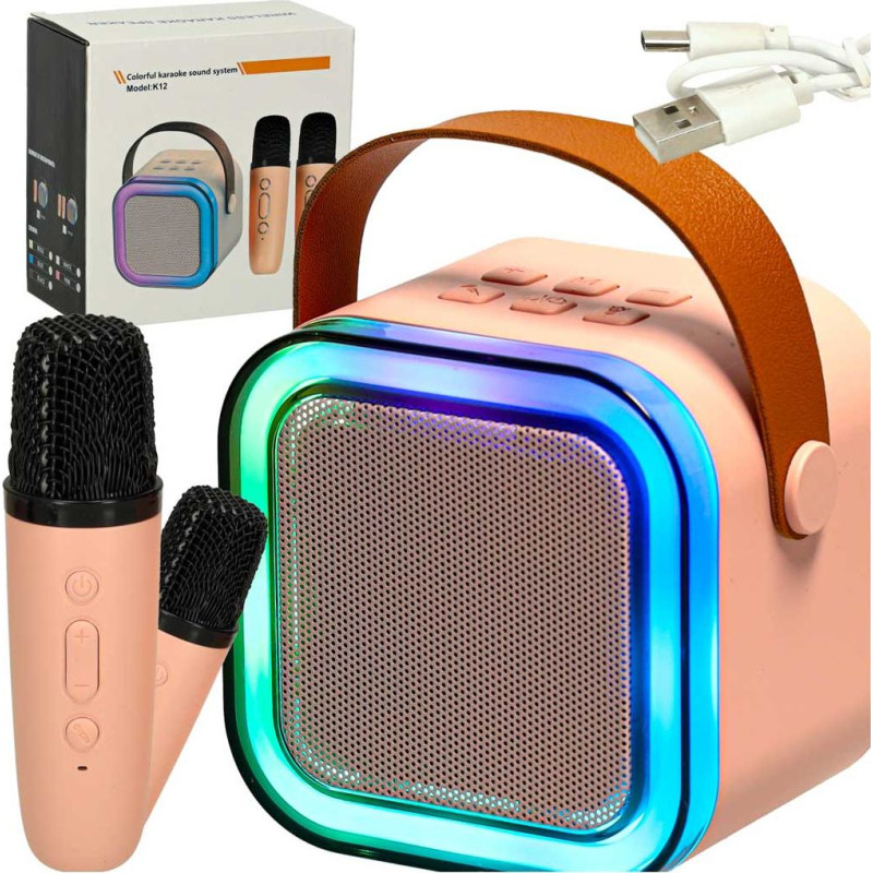 Karaoke komplekts 2 mikrofoni + portatīvais skaļrunis BLUETOOTH USB LED rozā krāsā