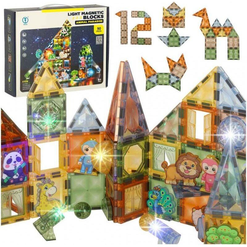3D konstruktors Magnētiskie ķieģeļi Apgaismots dzīvnieku parks 90 el.