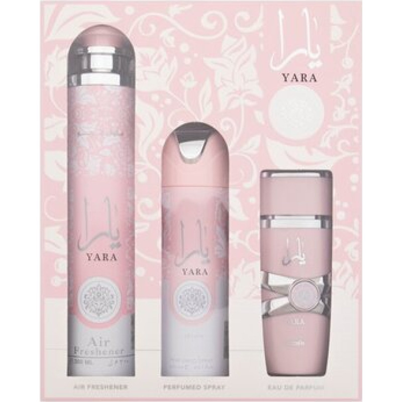 Lattafa Perfumes Yara D&aacute;rkov&aacute; sada EDP 100 ml, deospray 200 ml a bytov&aacute; vůně 300 ml